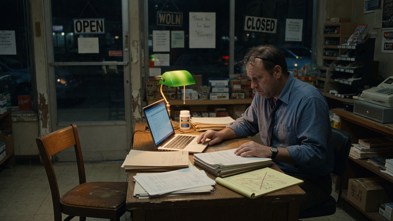 A shop owner working after hours at a desk of contracts, empty chair across from them