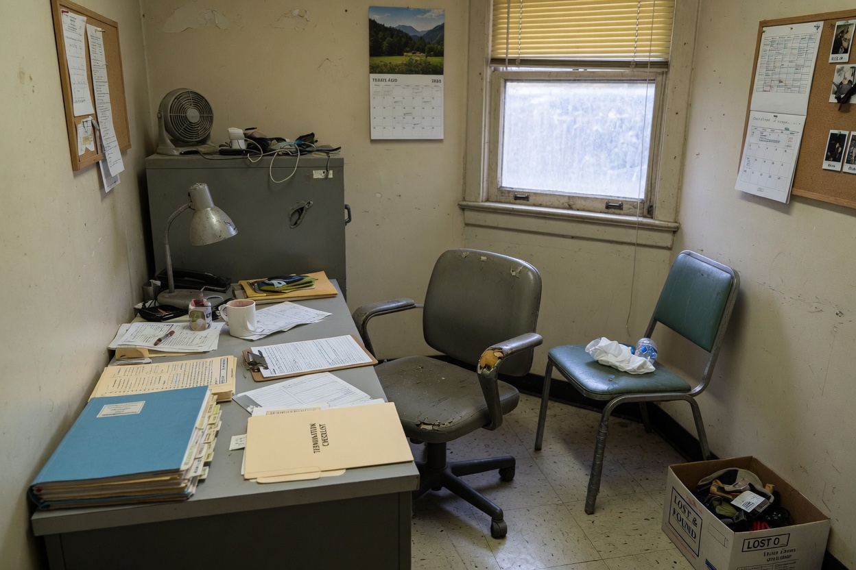 A small-shop back office with HR folders and two chairs