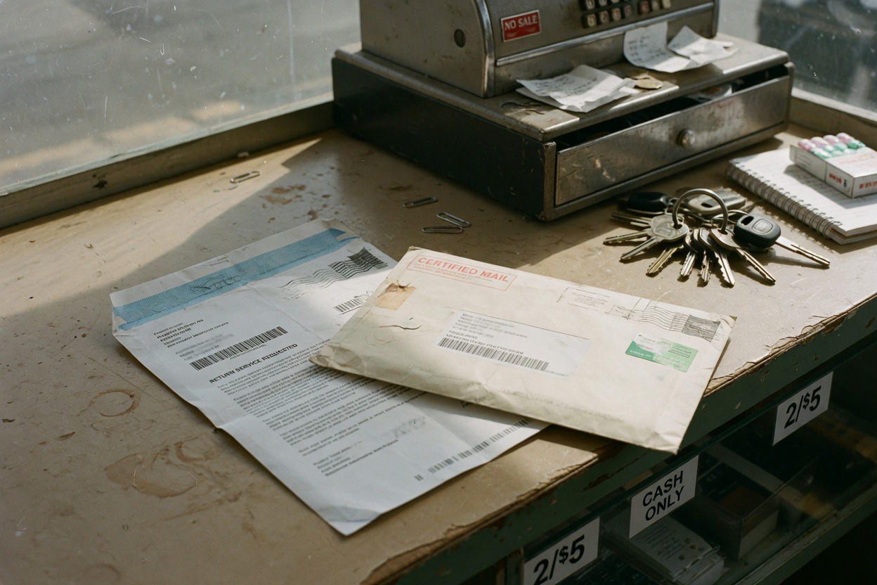 A certified letter on a shop counter next to the register